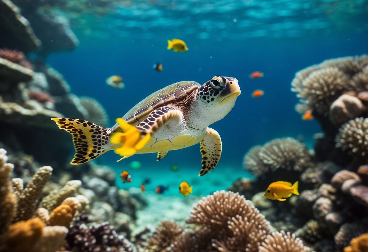 Colorful fish swim among vibrant coral, while a sea turtle gracefully glides by. A variety of marine species, such as starfish and sea anemones, can be seen in the clear, turquoise waters