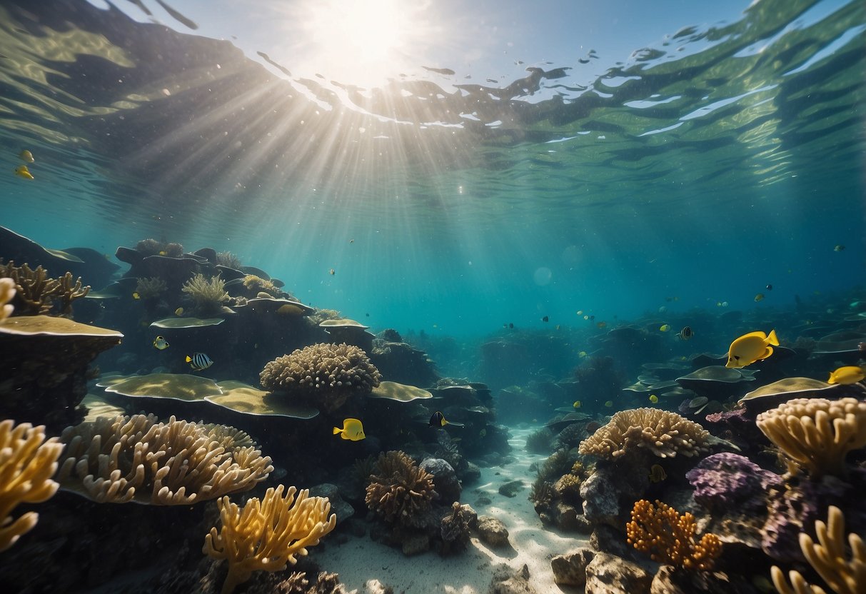 A vibrant coral reef teeming with marine life, sunlight filtering through crystal-clear water, and a sense of peaceful serenity