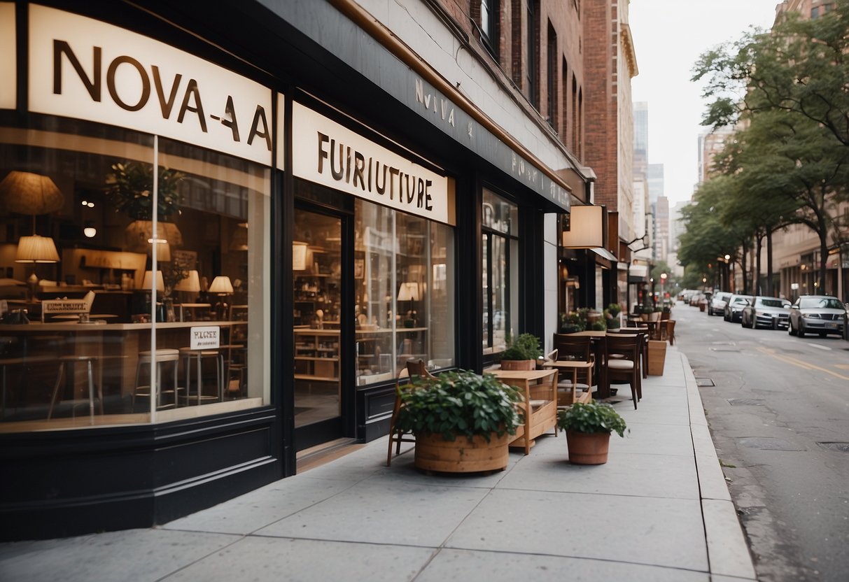 A storefront with "Nova Furniture" signage, large windows, and modern displays. Surrounding buildings and a busy street in the background