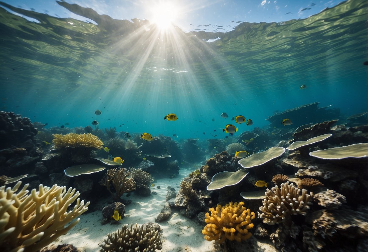 Crystal clear water teeming with colorful coral and marine life. Sunlight dances through the waves, highlighting the beauty of the underwater ecosystem