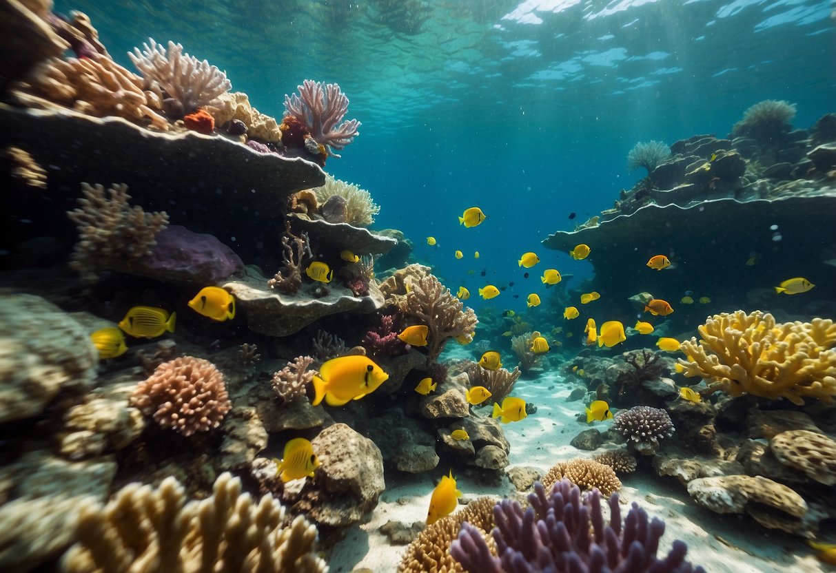 Underwater scene with colorful coral, fish, and snorkeler observing insects. Use bright colors and clear water to depict a peaceful and enjoyable snorkeling experience