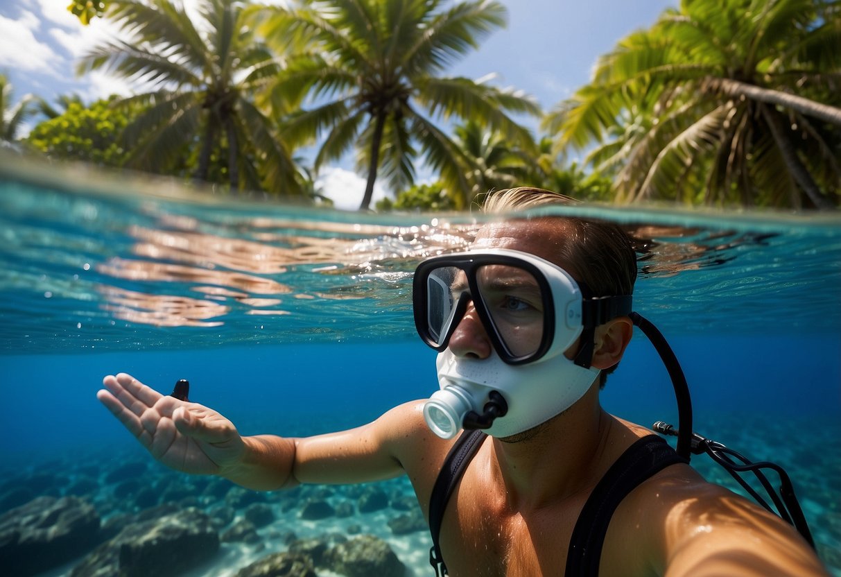 A snorkeler applies reef-safe insect repellent before entering the water, surrounded by tropical foliage and a clear blue ocean