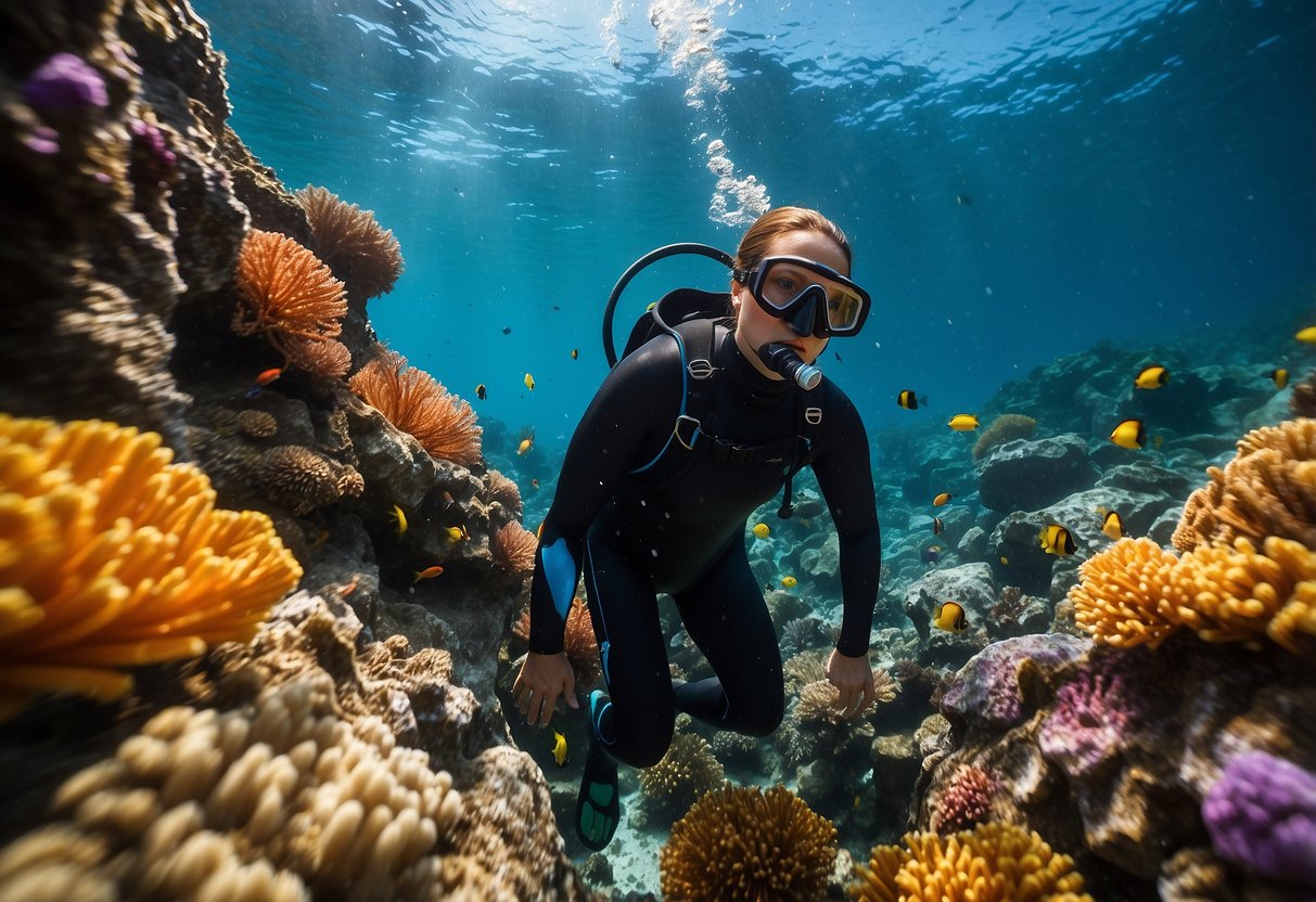 A person in a full-body wetsuit snorkels among colorful coral, with insects buzzing around them