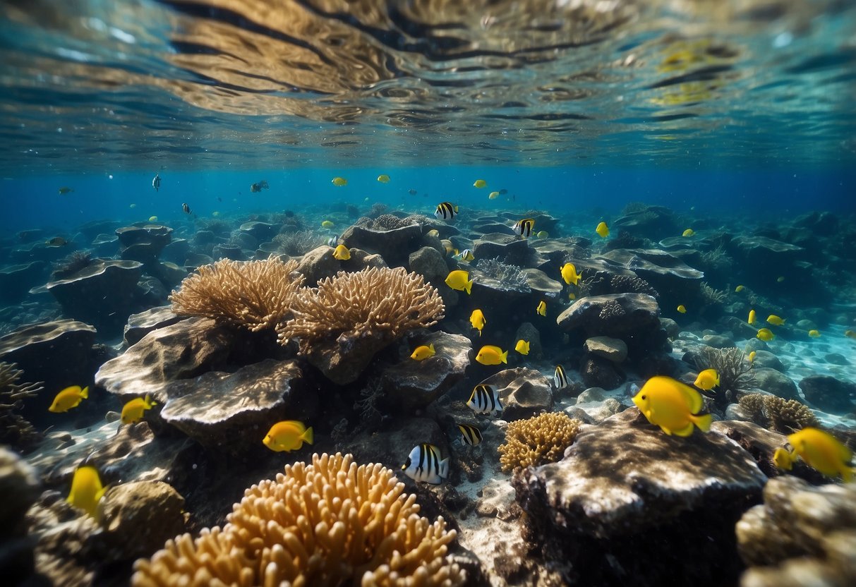 Crystal clear ocean water with colorful coral and fish. Avoid stagnant water. Buzzing insects hover above the surface