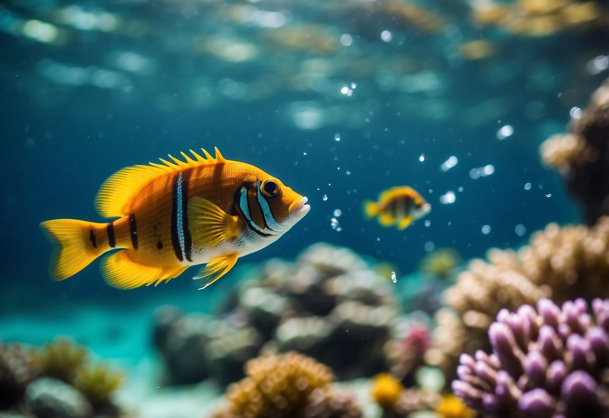 Crystal-clear water, colorful fish, and vibrant coral. Insects buzzing above the surface. Sunlight filtering through the waves