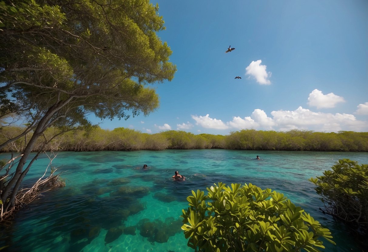 A snorkeler observes from a safe distance as insects hover around the mangrove areas