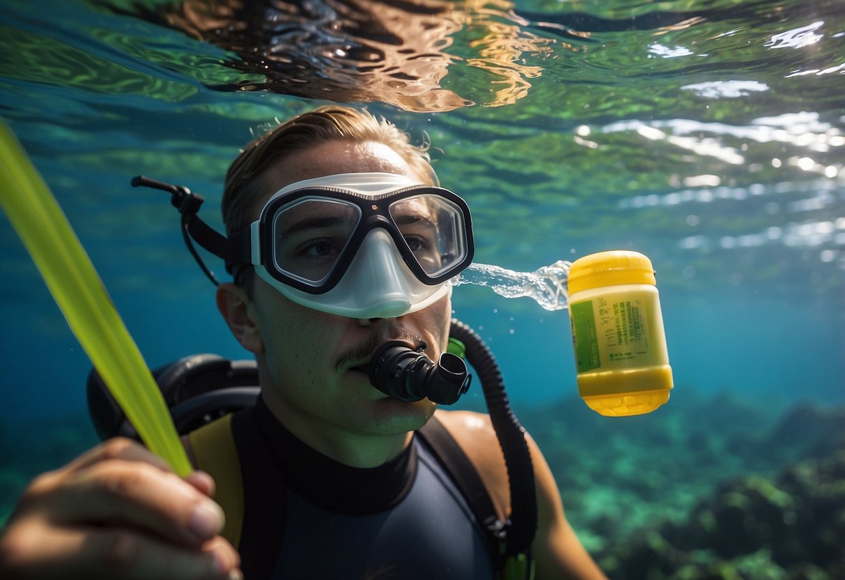 A snorkeler applies citronella to repel insects underwater