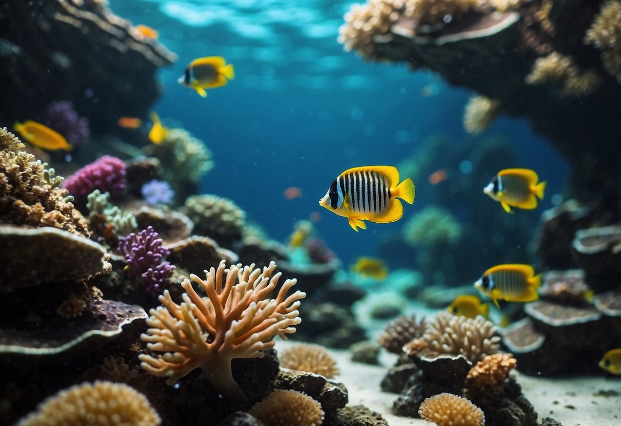 A coral reef teeming with colorful fish and vibrant plant life. Insects hover around the coral, exhibiting various behaviors such as feeding and mating