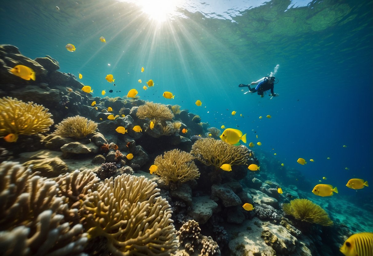 Underwater scene with colorful coral and fish. Insects hover near the surface. Snorkeler uses repellent and wears protective gear