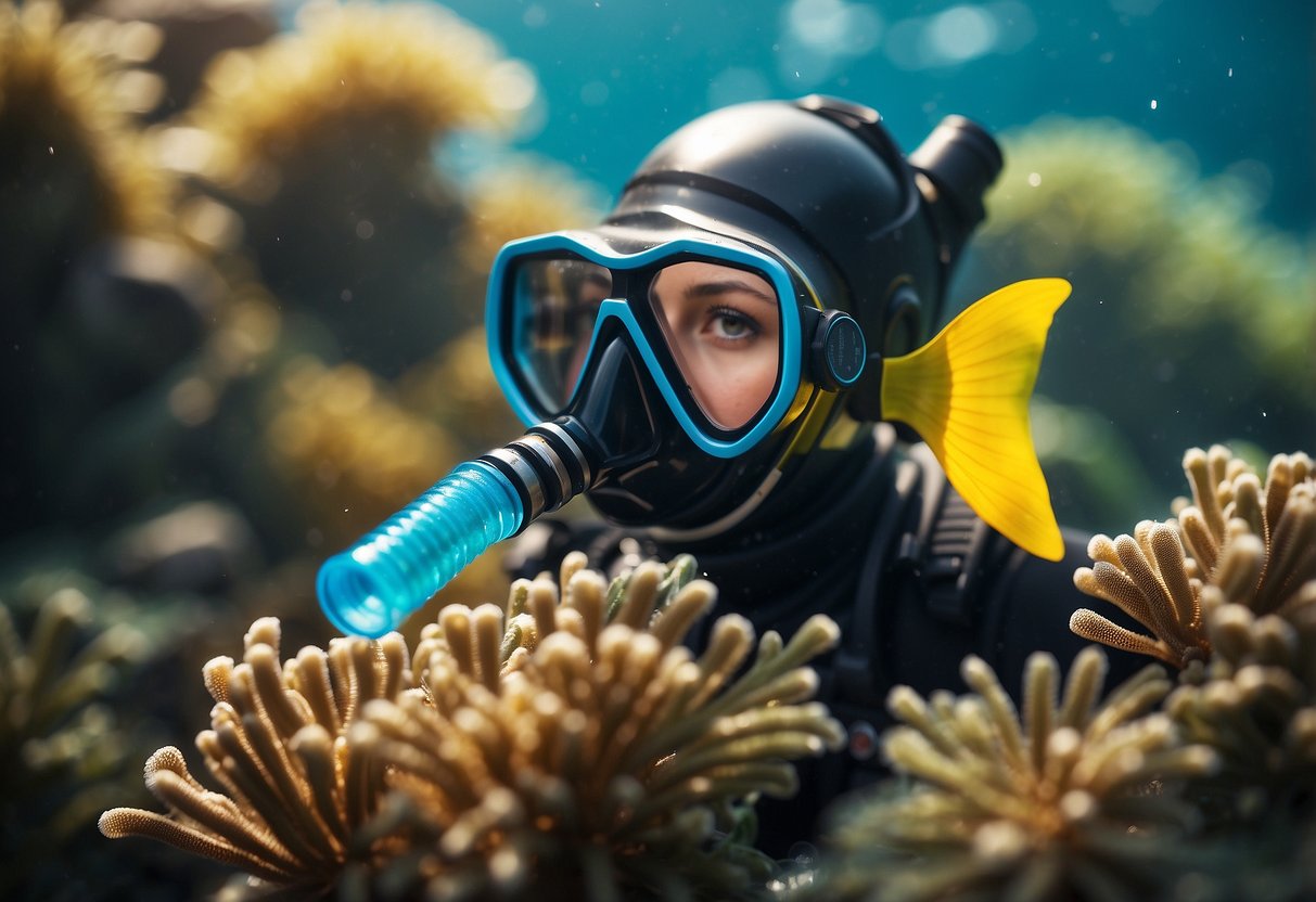 Underwater scene with snorkel gear and insects. Tips written on a waterproof board. Bright sunlight and clear water