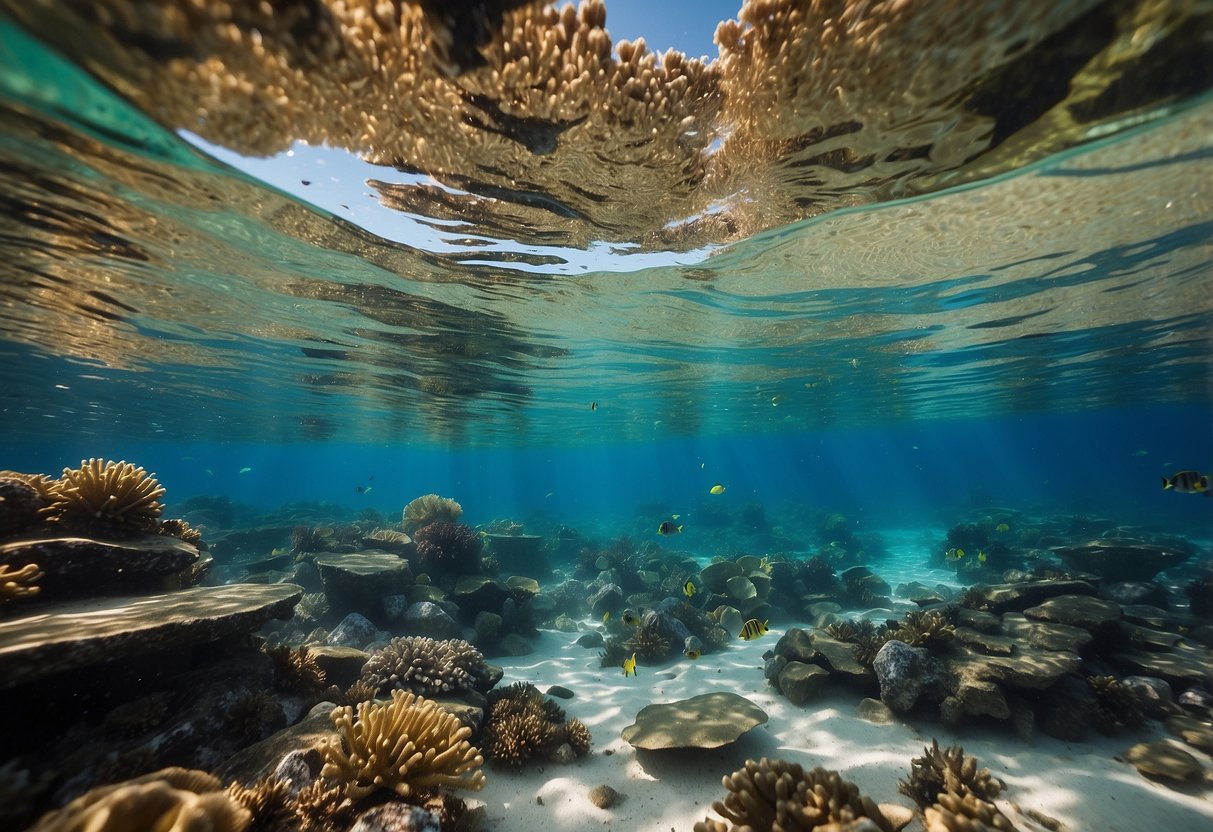 A colorful snorkeling scene with clear water, coral reefs, and fish. Five lightweight first aid kits are displayed on a sandy beach