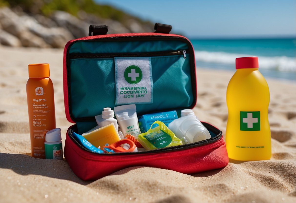 A compact first aid kit sits on a sandy beach next to snorkeling gear and a tropical drink. The sun shines down on the colorful packaging, highlighting the essential supplies inside