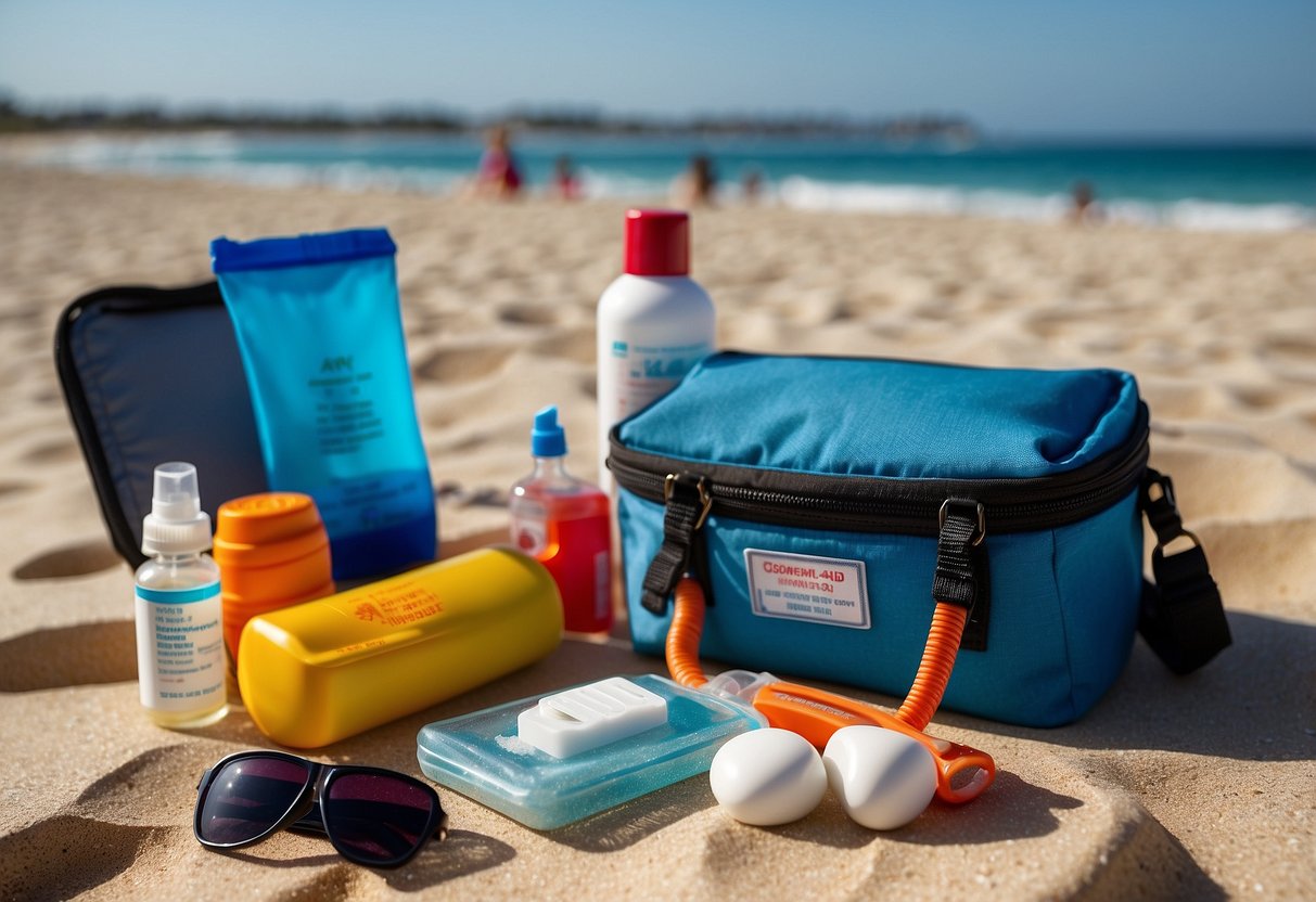 A colorful, compact first aid kit sits on a sandy beach next to snorkeling gear and a bottle of sunscreen. The clear blue ocean and a bright sky are in the background