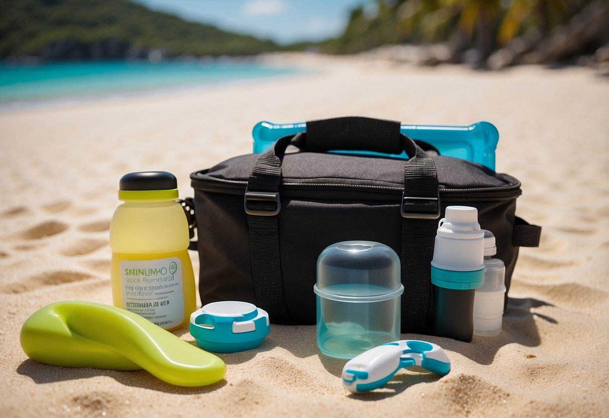 A bright, tropical beach with crystal clear water, snorkeling gear, and a compact, lightweight first aid kit laid out on the sand