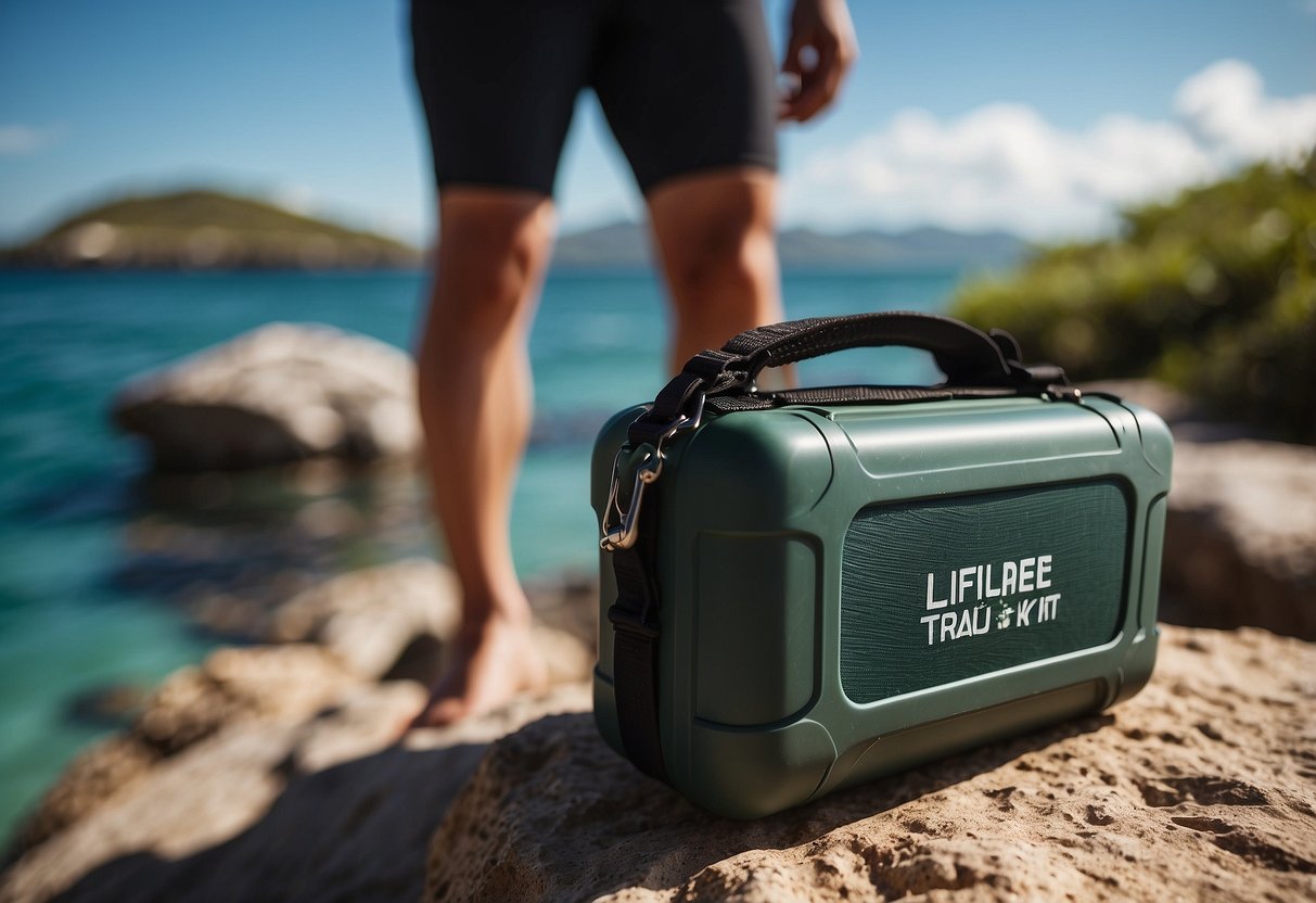 A snorkeler on a lifeline trail with a lightweight first aid kit, surrounded by bright natural light