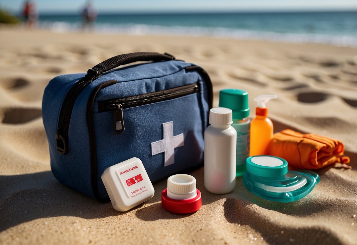 A compact first aid kit sits on a sandy beach, next to snorkeling gear and a beach towel. The sun shines down, casting a warm glow on the scene