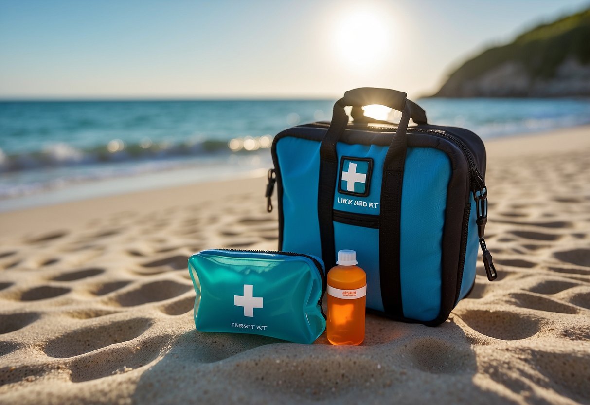 A lightweight first aid kit sits on a sandy beach next to snorkeling gear and a clear blue ocean. The compact kit is easily portable and essential for safety while exploring underwater