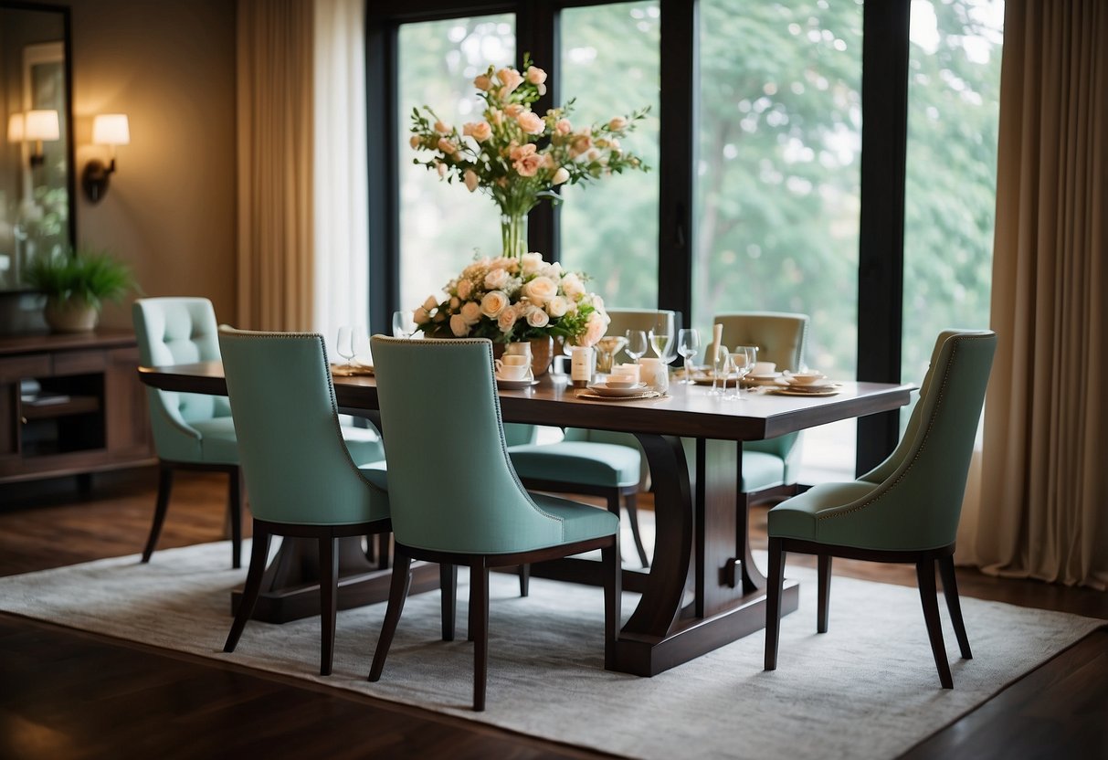 A novena furniture dining table set with elegant chairs and a floral centerpiece