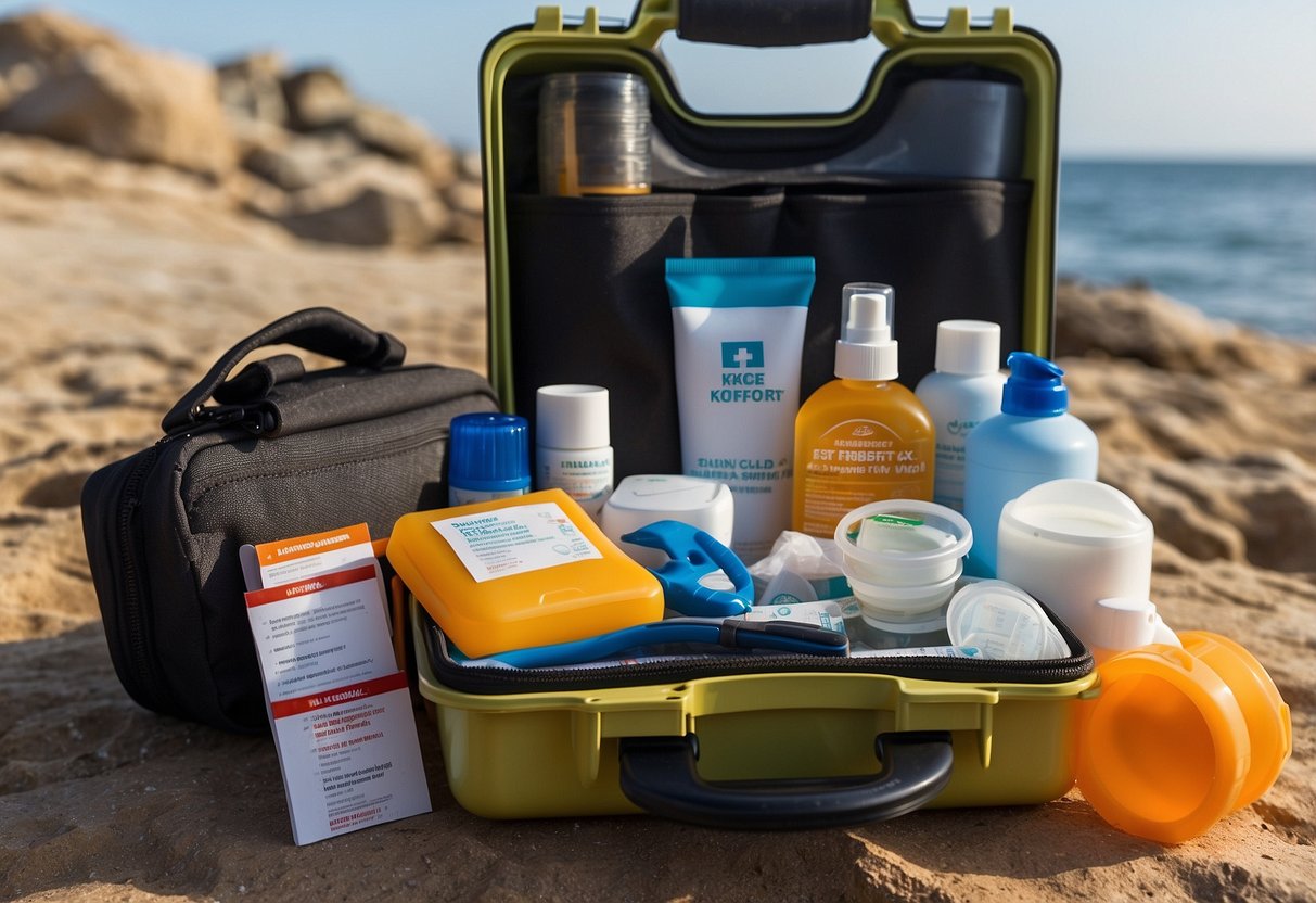 A snorkeler's first aid kit with waterproof packaging, compact size, and essential supplies. Ideal for underwater emergencies