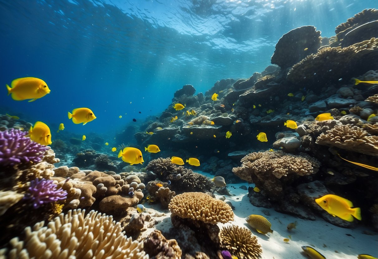 Vibrant coral reefs teeming with colorful fish and marine life. Crystal-clear waters reveal intricate formations and dazzling hues. Sunlight dances through the water, creating a mesmerizing underwater paradise