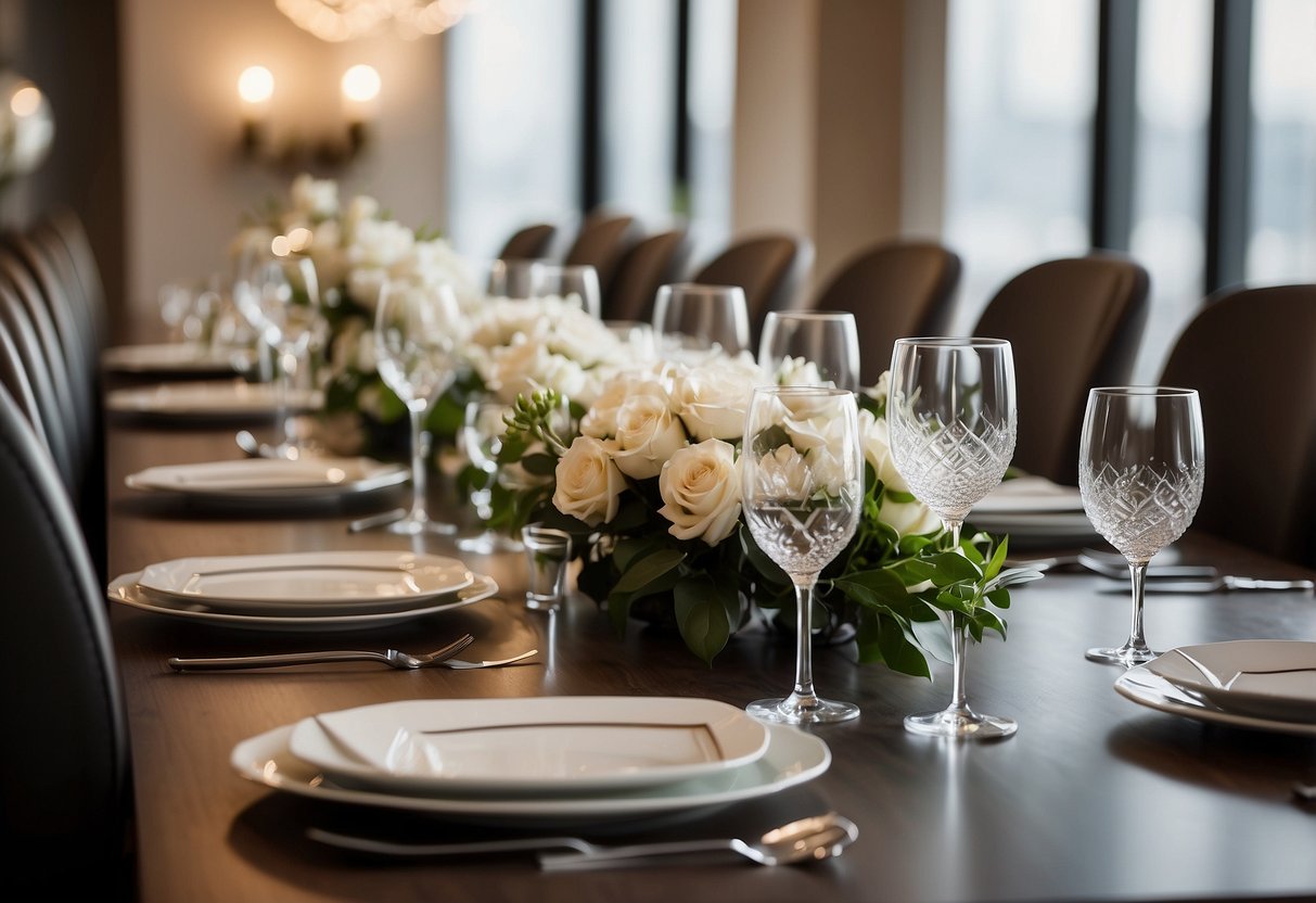 A sleek, modern dining table set with clean lines and luxurious finishes. The table is adorned with elegant dinnerware and surrounded by stylish chairs
