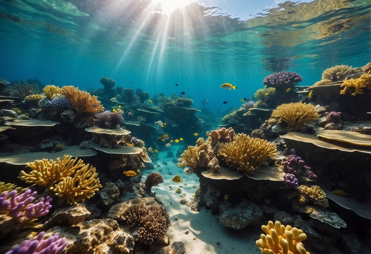 Crystal clear waters reveal vibrant coral reefs teeming with colorful fish and marine life. Sunlight dances through the water, creating a mesmerizing underwater world