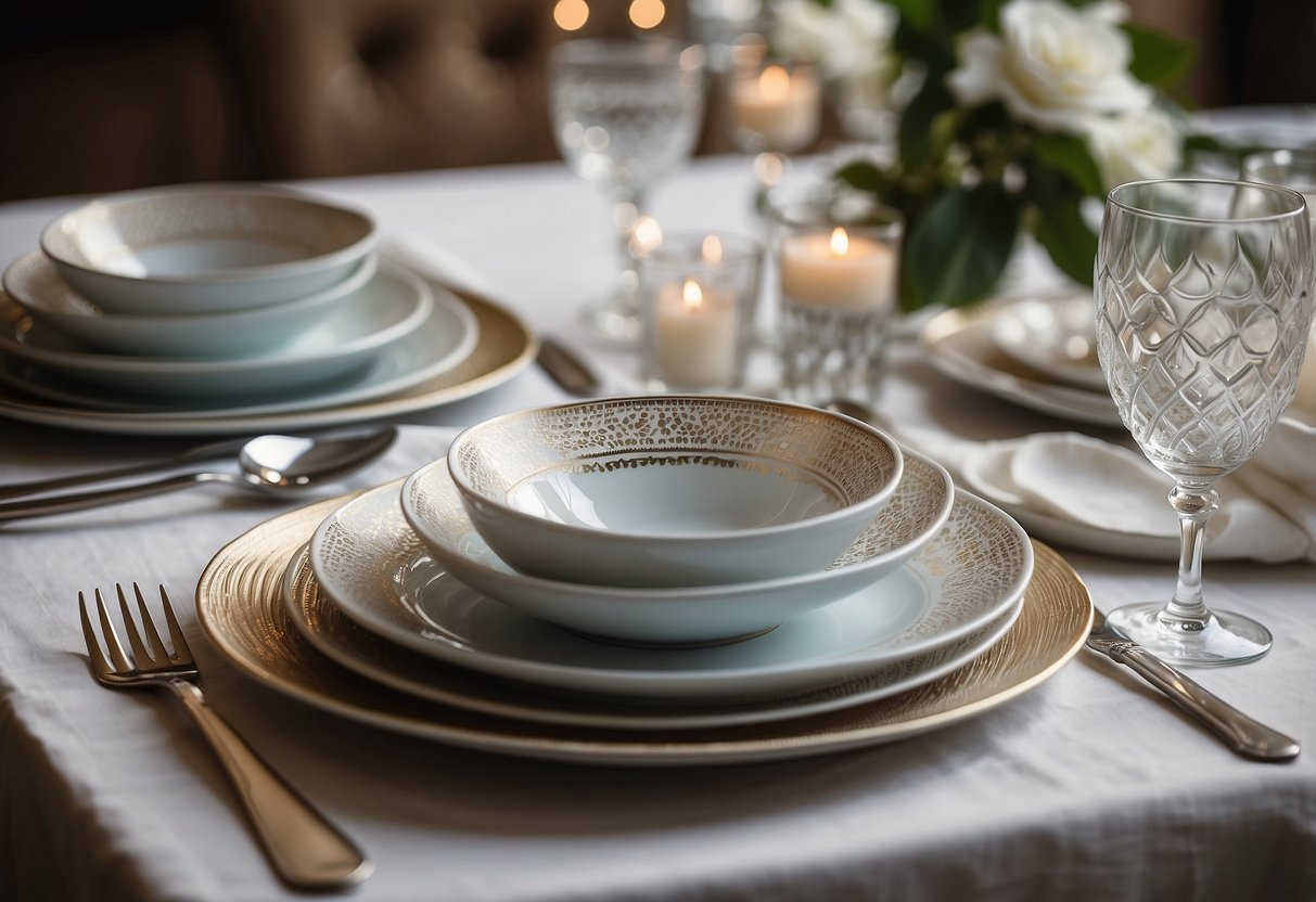 A dining table surrounded by various accessories such as placemats, centerpieces, and napkin holders. The table is set with elegant dinnerware and glassware