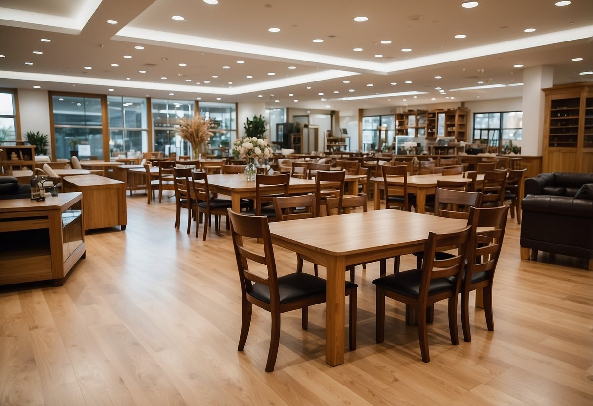 A spacious oak furniture store with polished floors, large windows, and rows of elegant tables, chairs, and cabinets on display
