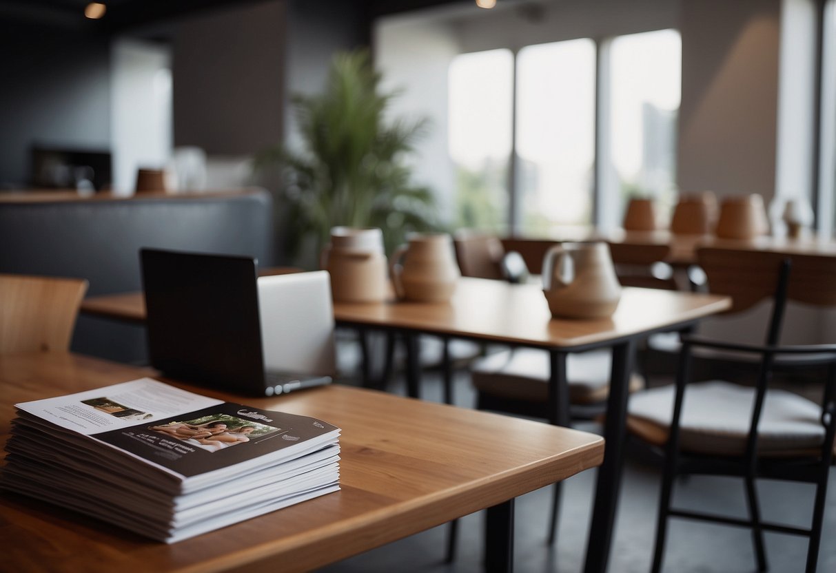 A modern dining table surrounded by chairs, with a stack of brochures and a laptop on the table. A person is seen reading one of the brochures