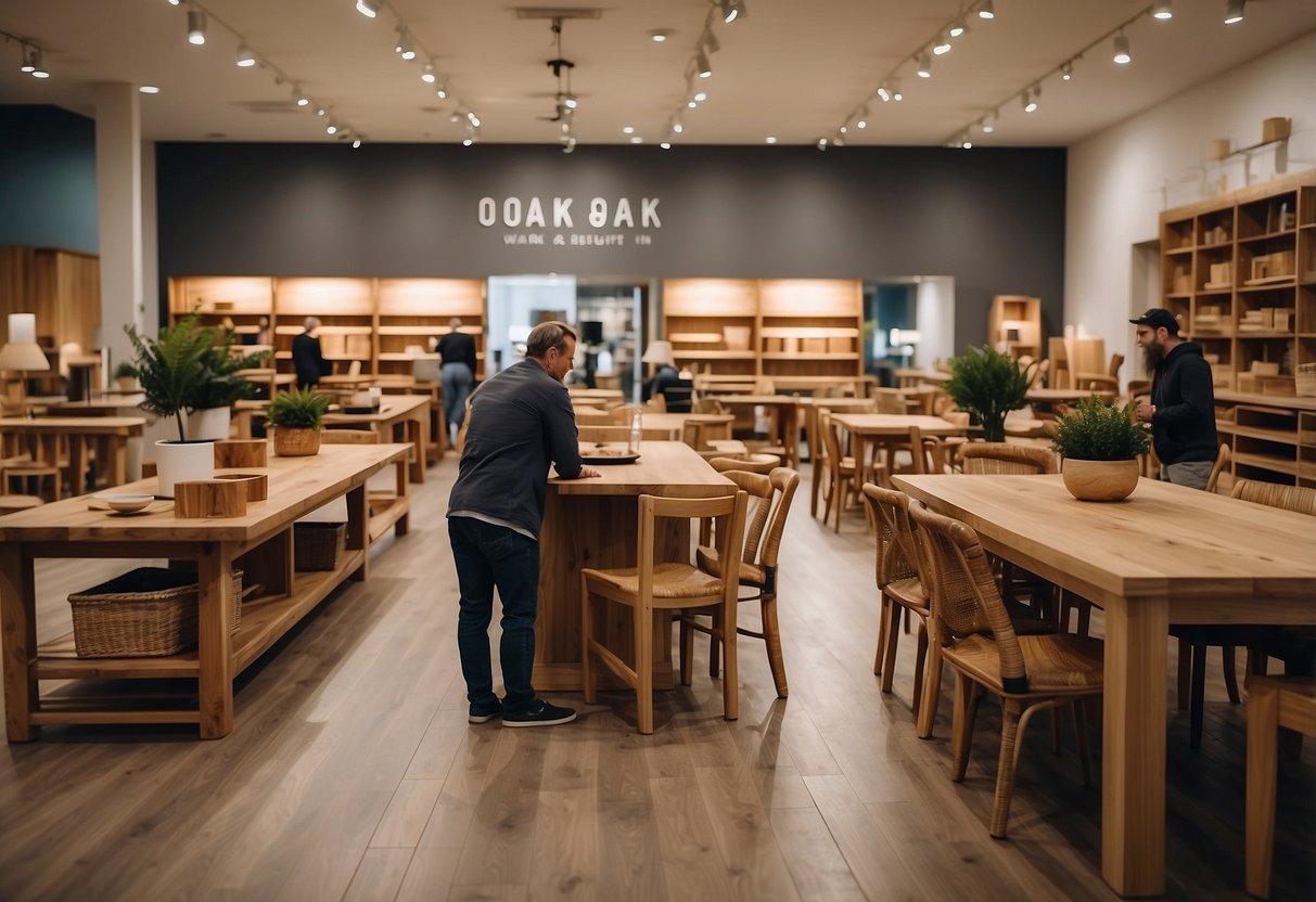 Customers browse oak tables, chairs, and cabinets in a spacious, well-lit showroom at an oak furniture store