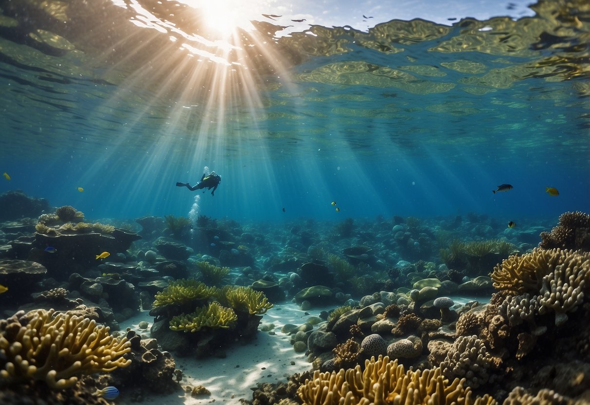 Crystal-clear water, vibrant coral, and schools of fish surround a snorkeler navigating with a map and compass. Sunlight filters through the water, casting dappled patterns on the ocean floor