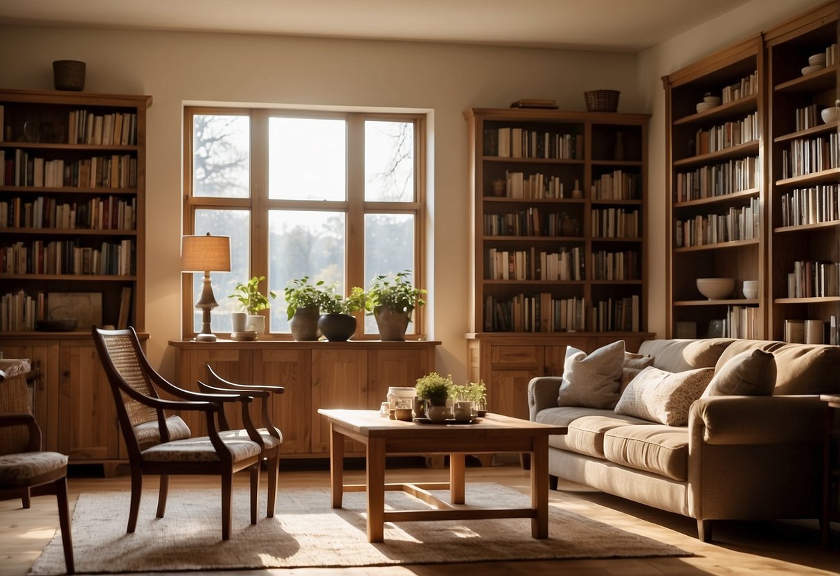 A cozy living room with oak furniture: a sturdy dining table, elegant chairs, and a beautiful bookshelf. Sunlight streams in, casting warm, inviting shadows