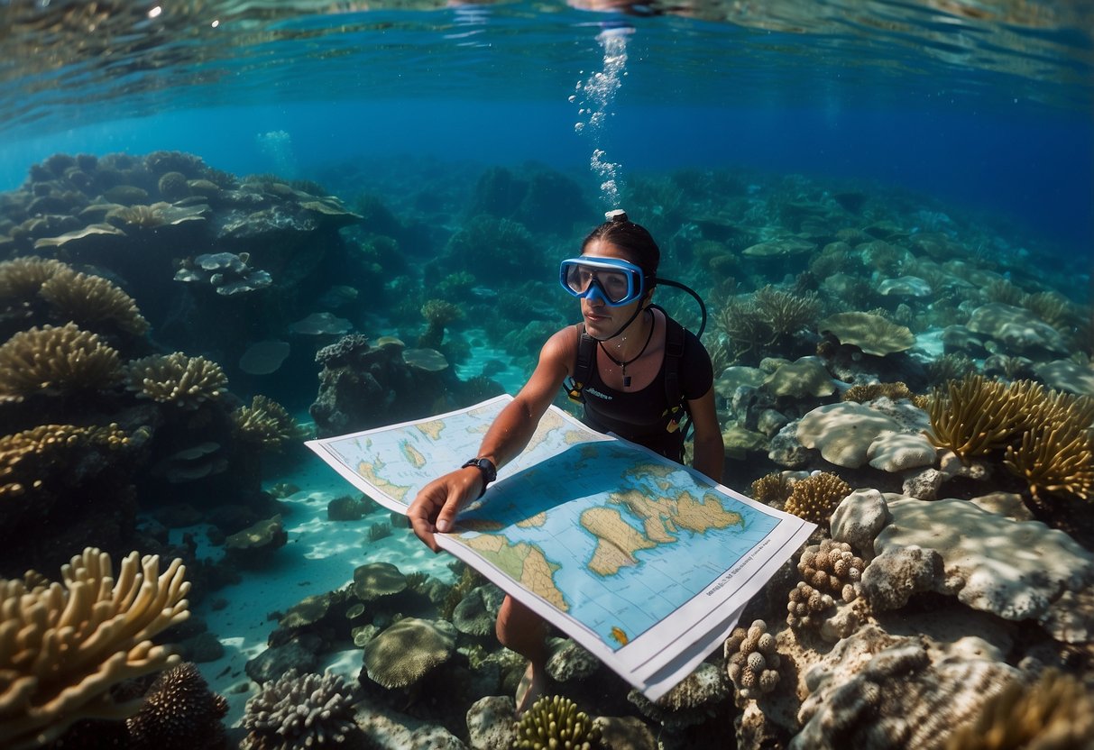 A snorkeler holds a map and compass above the water, ensuring they are visible and accessible. The snorkeler is surrounded by clear blue water and vibrant coral reefs