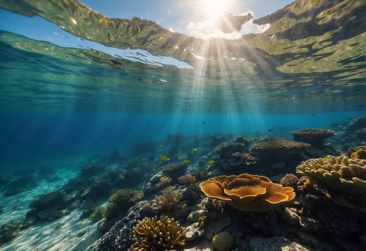 Crystal-clear water, vibrant coral reefs, and a snorkeling map and compass floating on the surface. Sunlight illuminates the underwater landscape, guiding snorkelers on their route