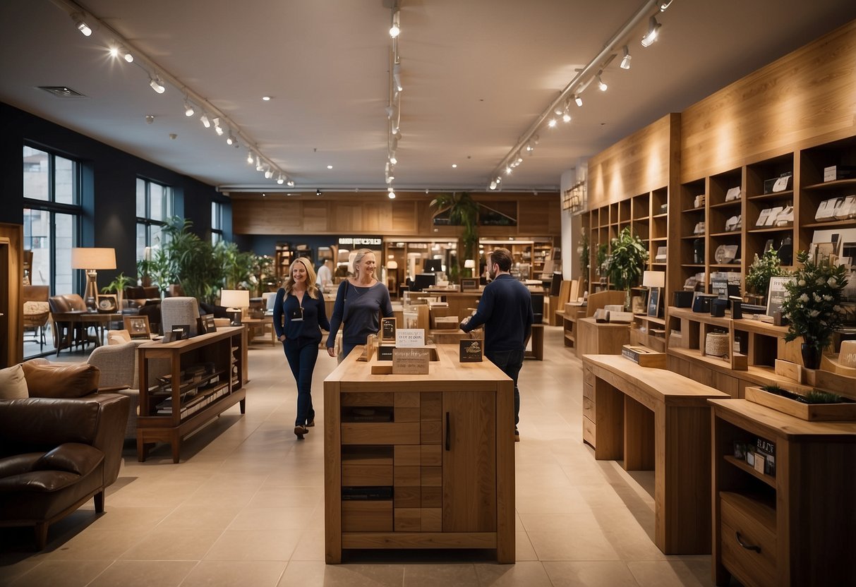 The oak furniture store is busy with customers browsing and staff assisting. Shelves are filled with beautifully crafted pieces, and a sign displaying "Frequently Asked Questions" catches the eye