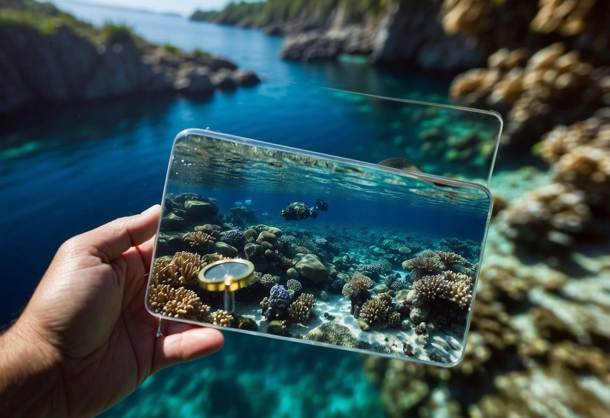 Crystal clear water with colorful coral and marine life. A snorkeler navigates with a map and compass, staying aware of underwater currents