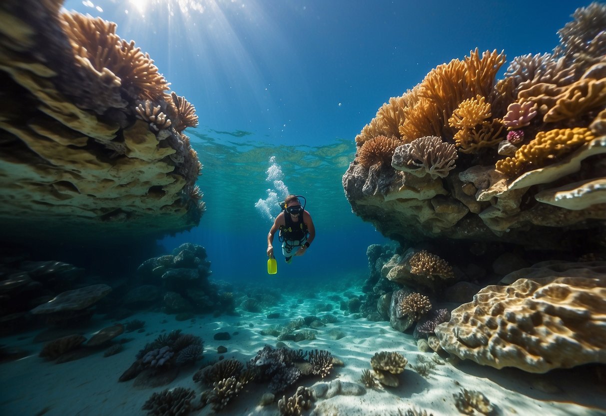 Crystal-clear water, vibrant coral reefs below. Map and compass in hand, snorkeler carefully navigates around reefs to prevent damage