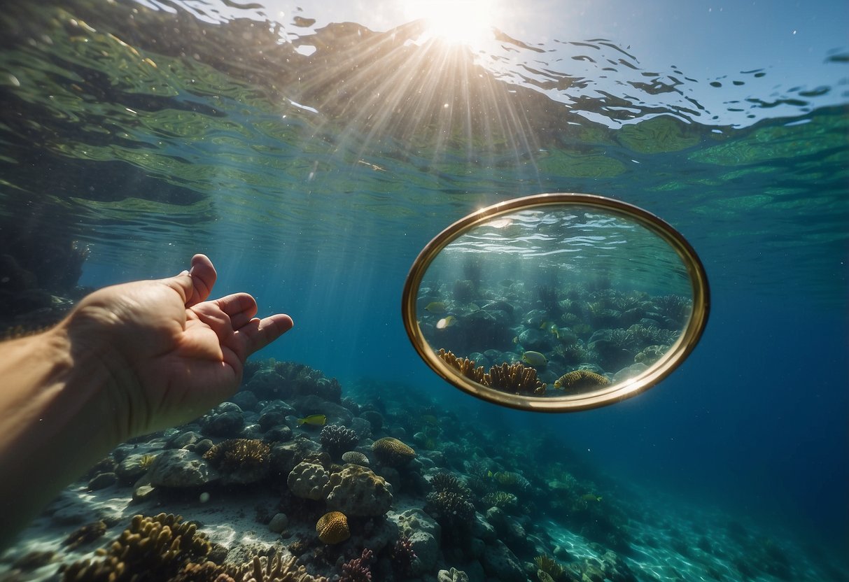 Crystal clear water with colorful coral below. A snorkeler holds a map and compass, navigating through the underwater landscape. Sunlight filters through the water, casting dappled patterns on the sea floor