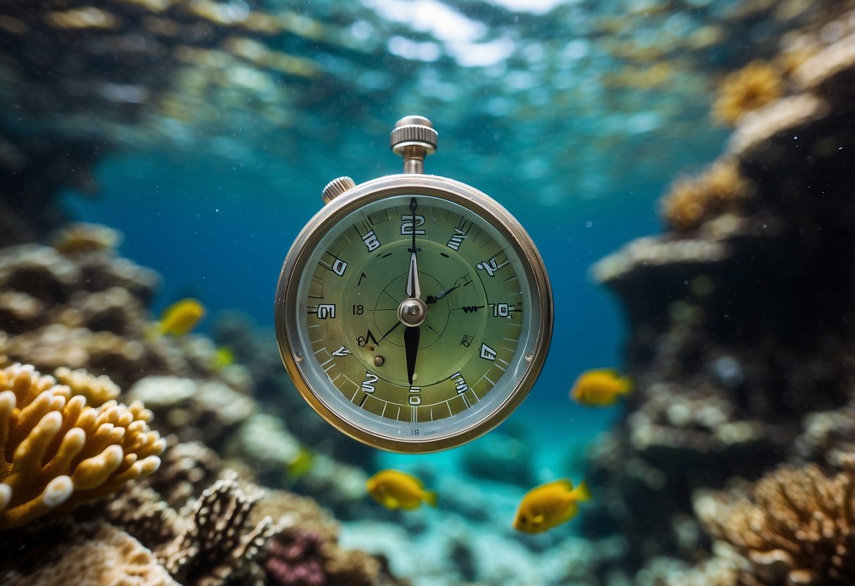 Crystal clear water, colorful coral, and marine life. A snorkeler using a map and compass to navigate through the underwater terrain