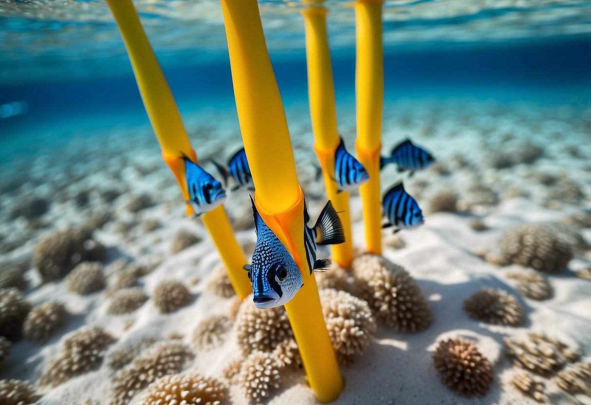 Crystal-clear water, vibrant coral reefs, and a school of colorful fish swimming around. Five sleek, lightweight snorkeling rods resting on the white sandy beach