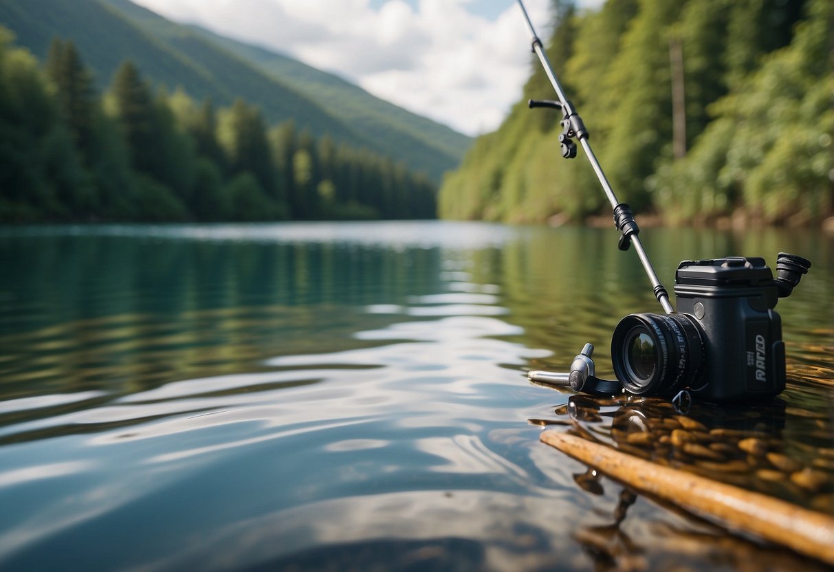 A serene lake surrounded by lush greenery, with a fishing rod and snorkeling gear lying on the shore, ready for an adventure