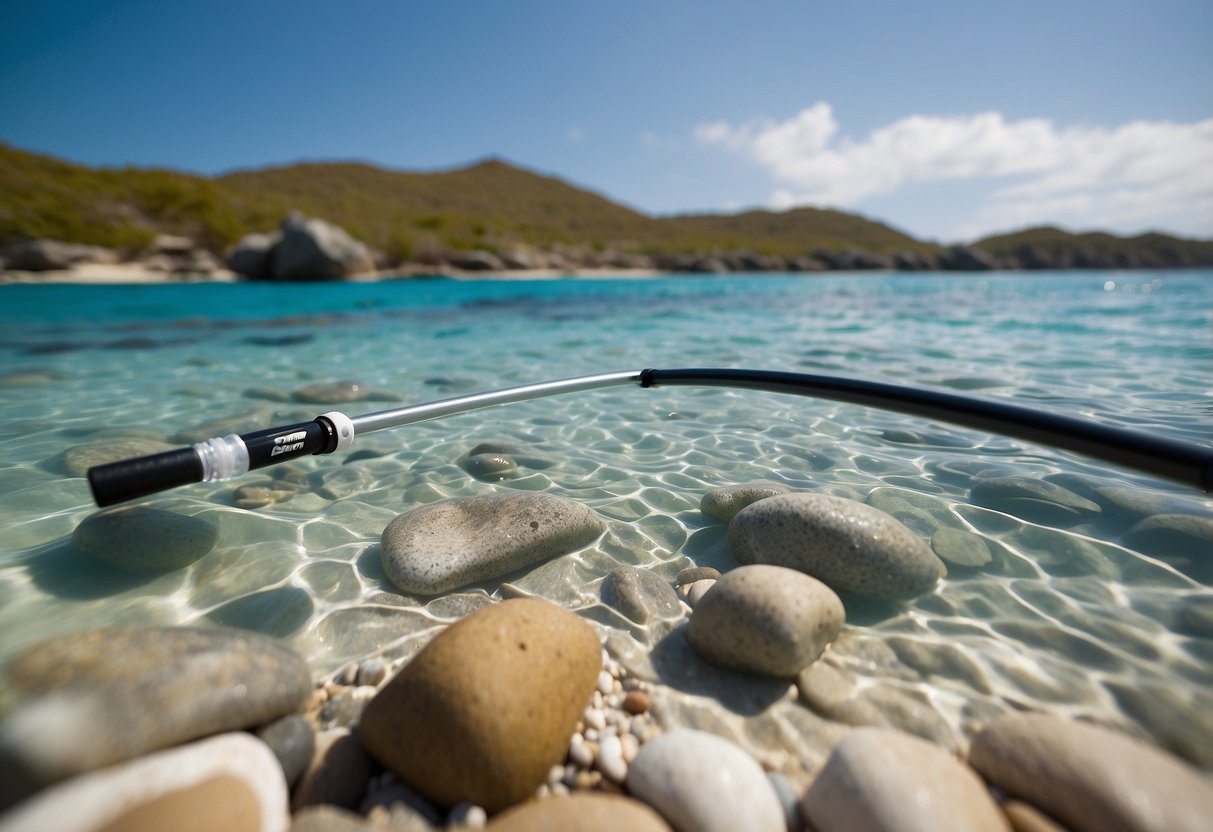 A bright, sunny beach with crystal clear water, where a sleek Okuma Celilo Graphite Lightweight Rod is being used for snorkeling. The rod is lightweight and easy to handle, making it perfect for a relaxing day of underwater exploration