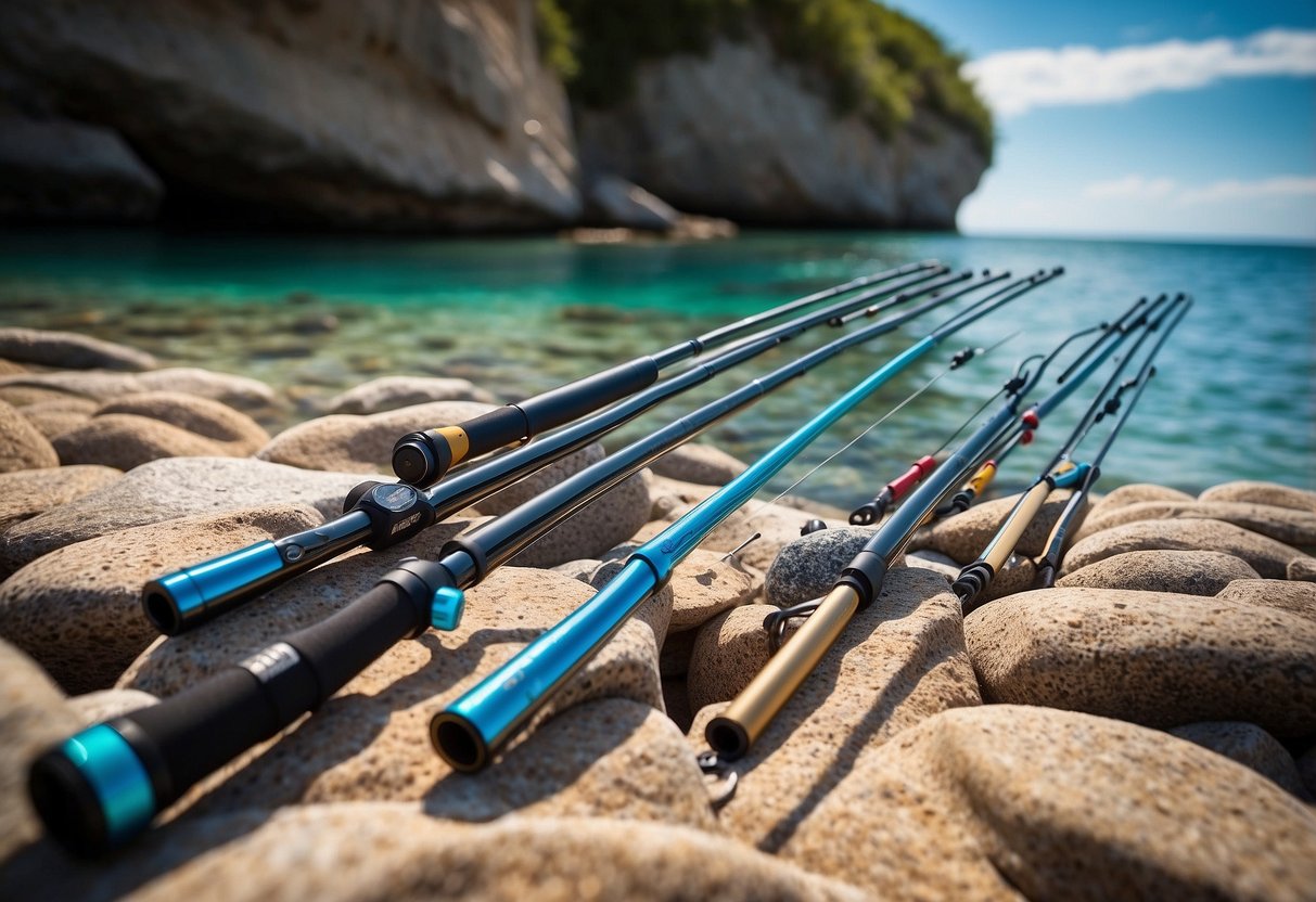 A tranquil beach with clear blue waters, a KastKing Perigee II fishing rod leaning against a rock, surrounded by 5 lightweight snorkeling rods