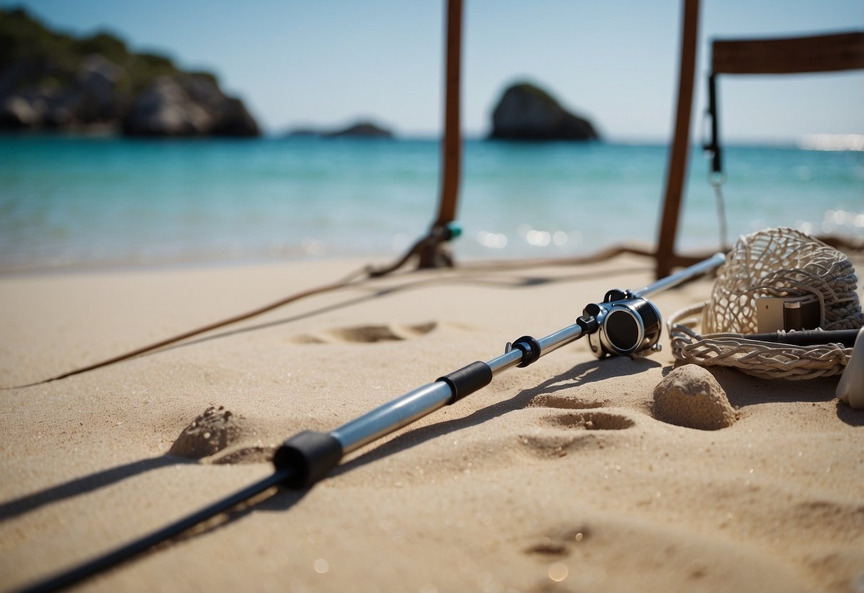 A calm beach with clear blue water, a fishing rod leaning against a chair, and snorkeling gear laid out on the sand