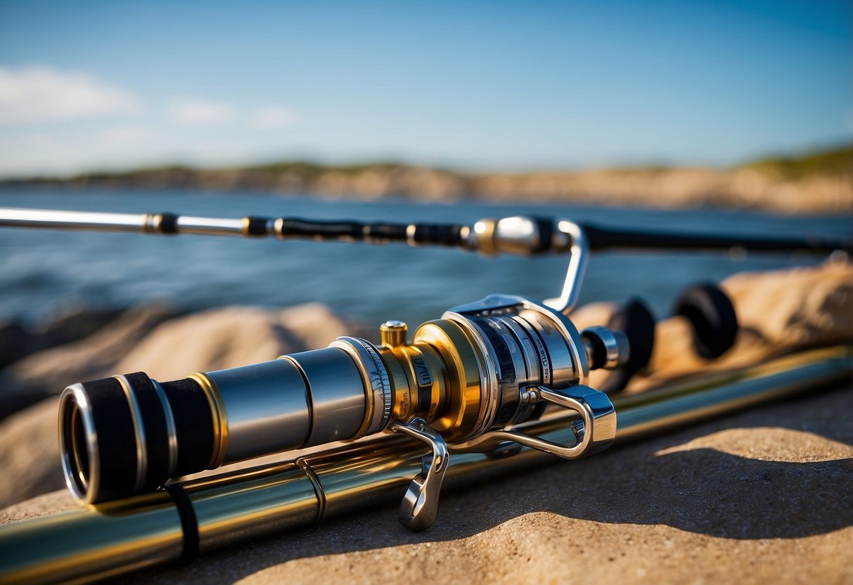 A fishing rod, the Fenwick Eagle Spinning Rod, is shown alongside five lightweight snorkeling rods