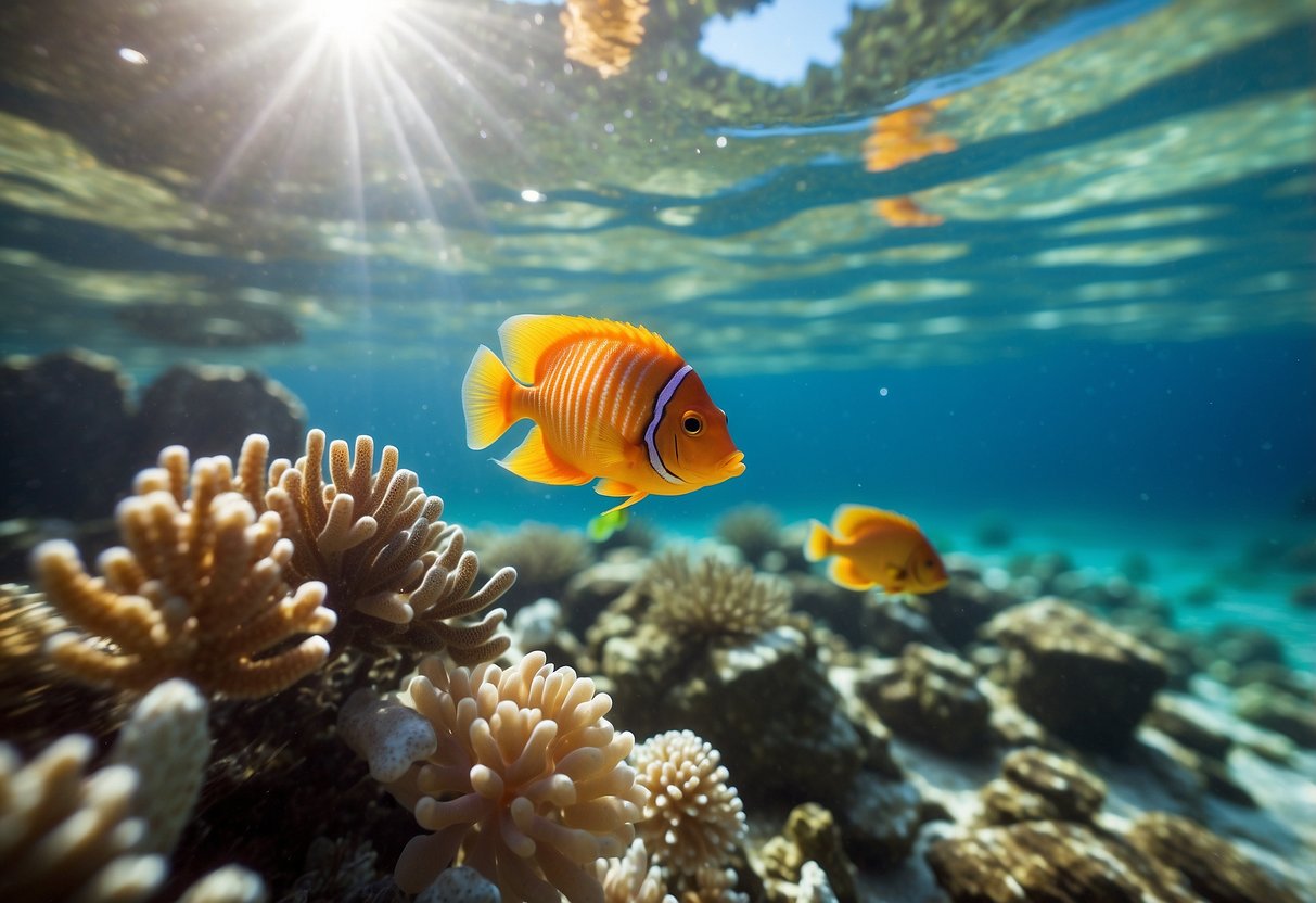 Crystal-clear water with colorful fish and coral. Lightweight snorkeling rods floating on the surface. Bright sunlight and a calm, serene atmosphere