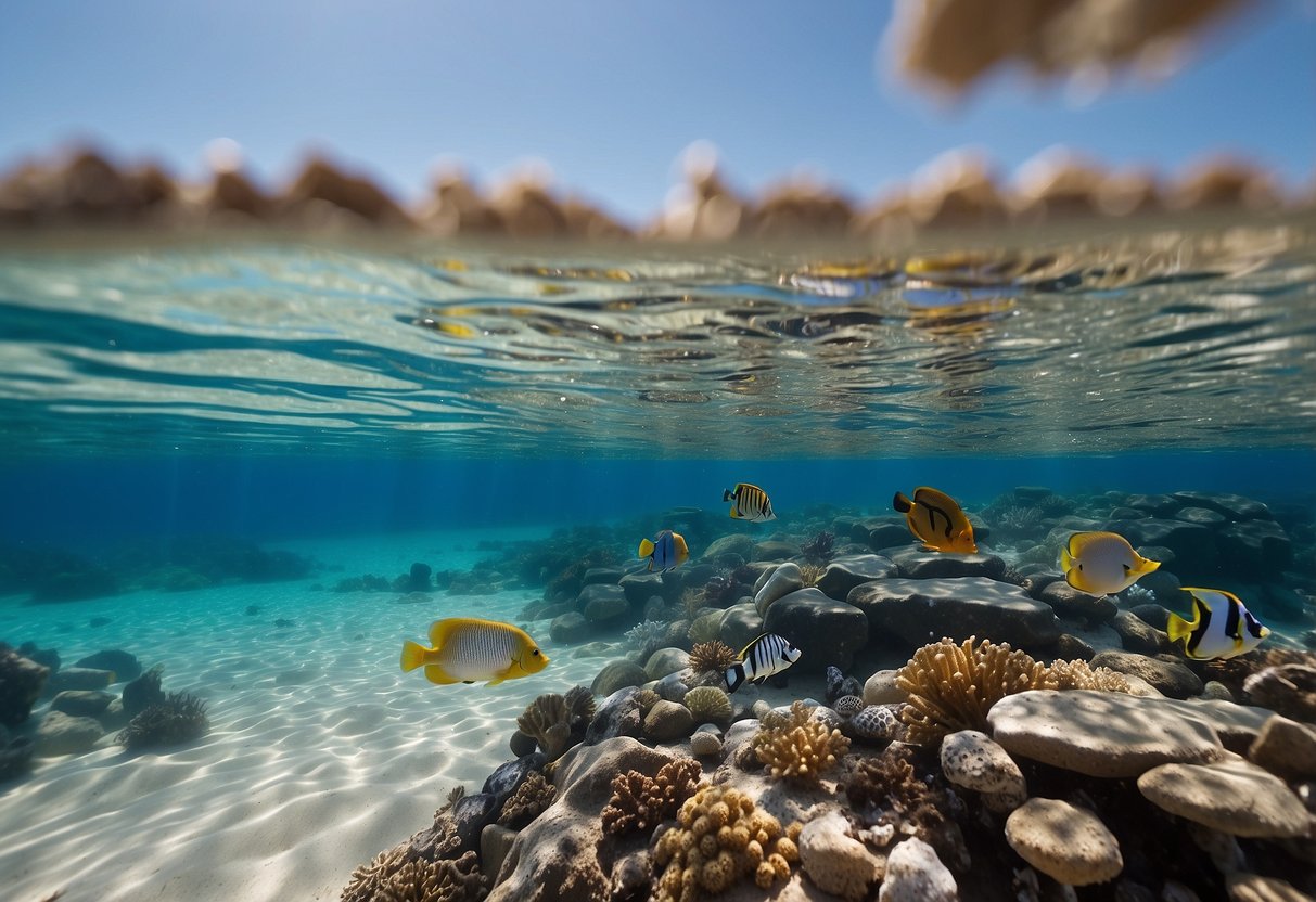 Clear blue water, sandy ocean floor, colorful coral, and fish. Five sleek, lightweight snorkeling rods laid out on the beach