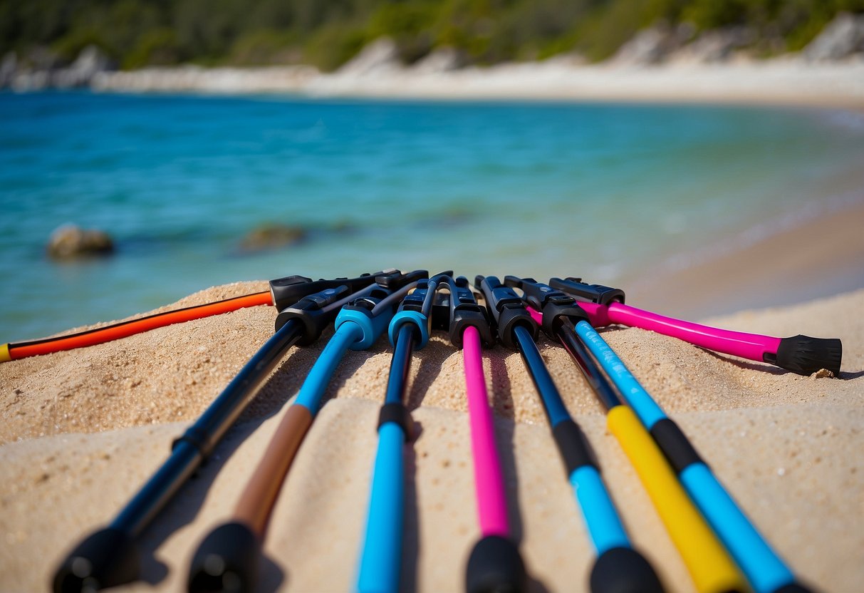 Five lightweight snorkeling rods arranged neatly on a sandy beach with maintenance tools nearby. Clear blue water and a colorful reef in the background