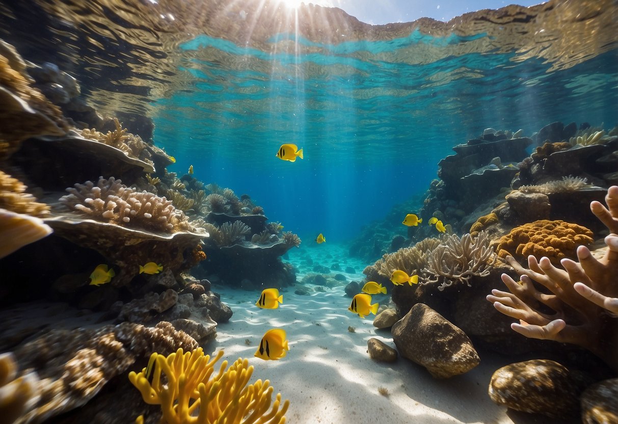 Sunlight filters through crystal-clear waters, revealing colorful fish and vibrant coral formations. The sandy desert floor provides a unique backdrop for snorkeling adventures