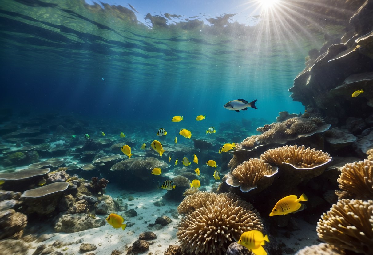 Crystal-clear waters reveal vibrant coral reefs teeming with marine life. Sunlight illuminates the colorful fish darting among the underwater rock formations